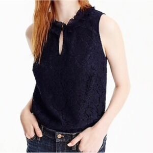 J.Crew Navy‎ Blue Lace Ruffle Mock Neck Sleeveless Top Blouse Size S